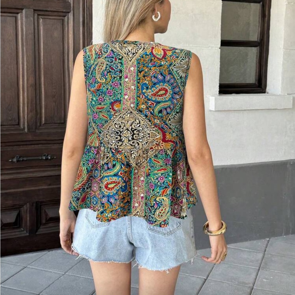 Floral Print Versatile Round Neck Drawstring Ruffle Trim Top Blouse Shirt - Picture 12 of 13